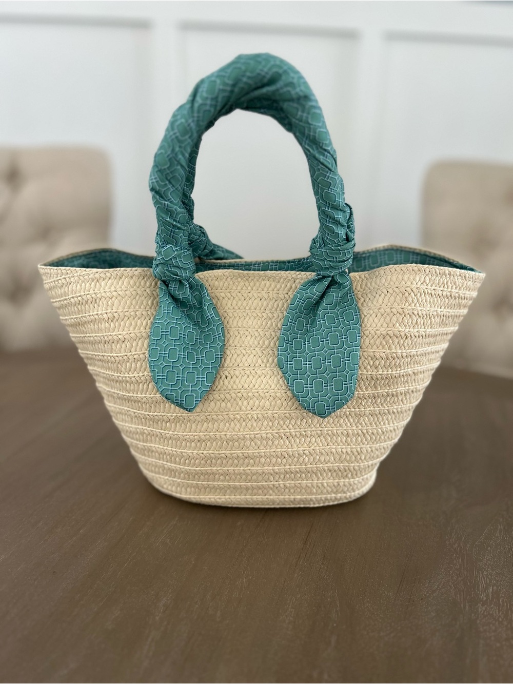 Sewing Down South Woven Straw Satchel with Teal Fabric Handles NWOT